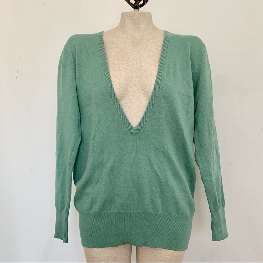 Aqua Green Deep V Neck Long Sleeve Sweater